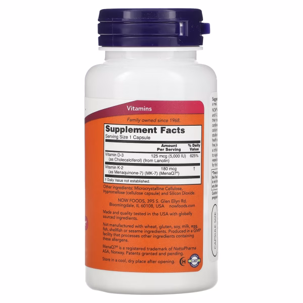NOW Foods, Mega D-3 and MK-7, 120 Capsules - Image 2