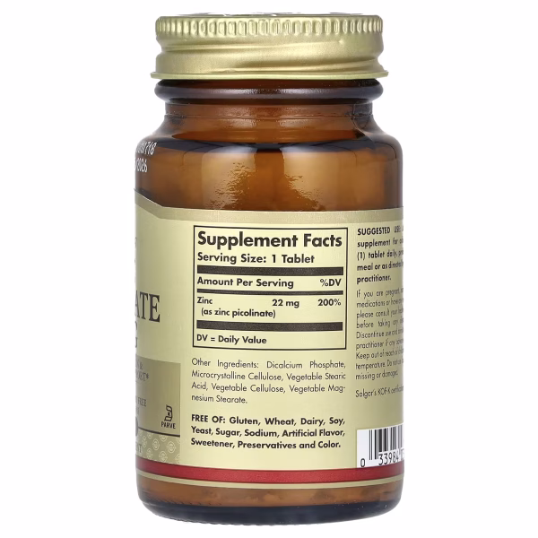 Solgar, Zinc Picolinate, 22 mg, 100 Tablets - Image 2